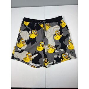 Neff Mens XL Camo Duck Graphic Swim Trunks Gray Black Yellow Drawstring Shorts